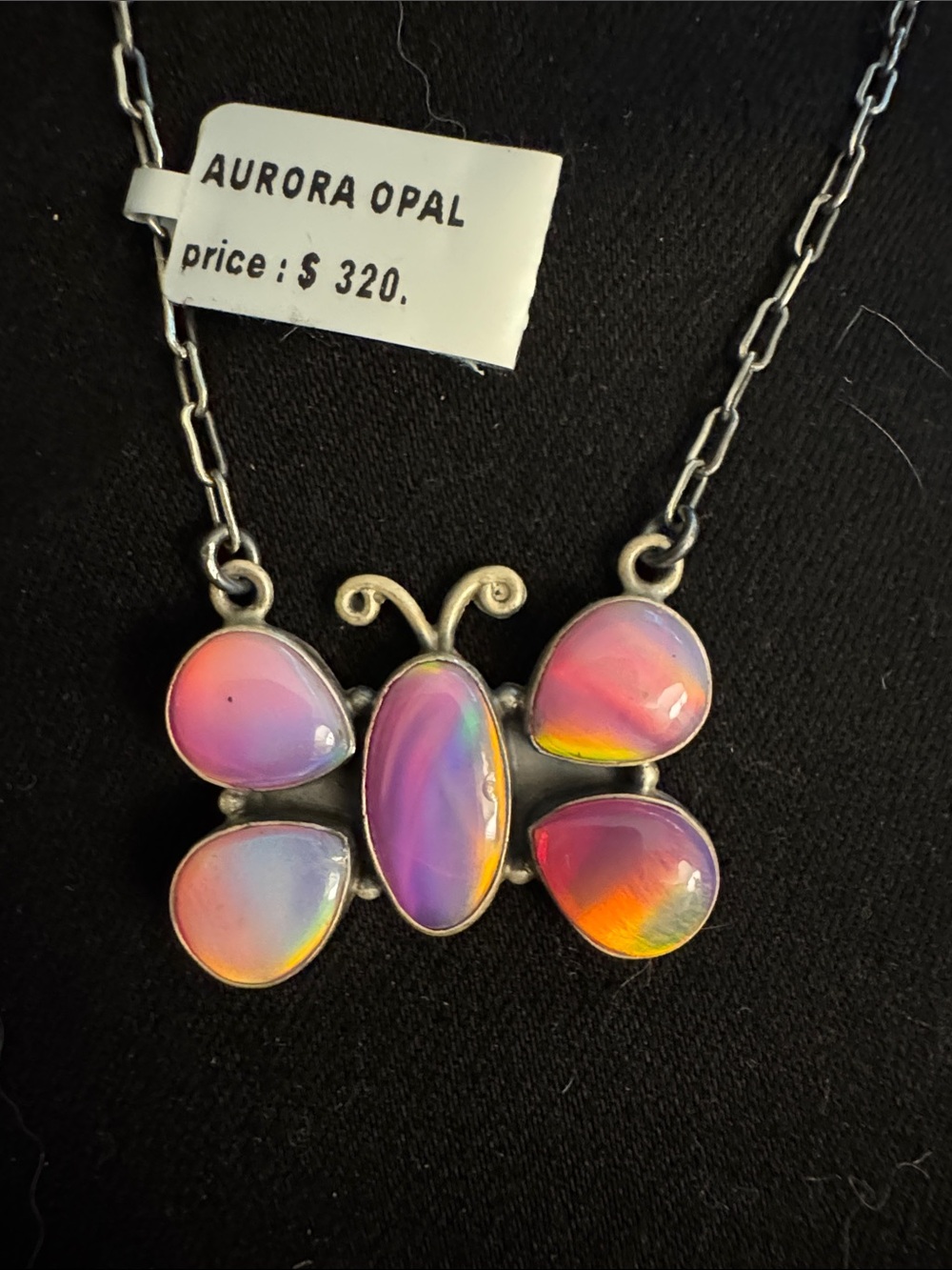Aurora Opal Butterfly Pendant Necklace in Pink and Purple